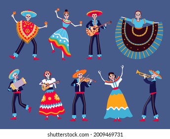 Día de esqueletos muertos. Personajes de la danza esquelética mexicana de los muertos. Catrina, músicos de mariachi esqueletos con un conjunto vectorial de guitarra. Ilustración del esqueleto mexicano al día de la muerte