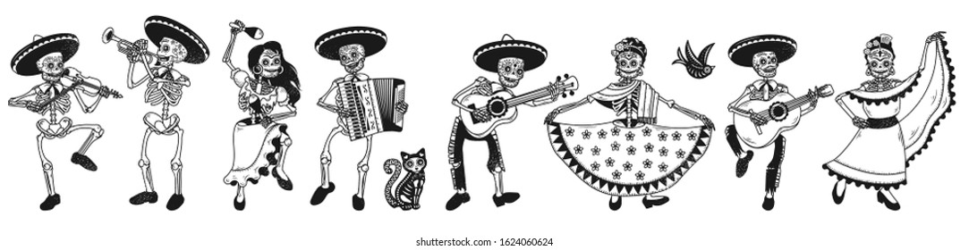 Day Of The Dead Skeletons Party. Black Sugar Skull Skeleton Characters. Dancers And Mariachi Band. Vector Illustration.