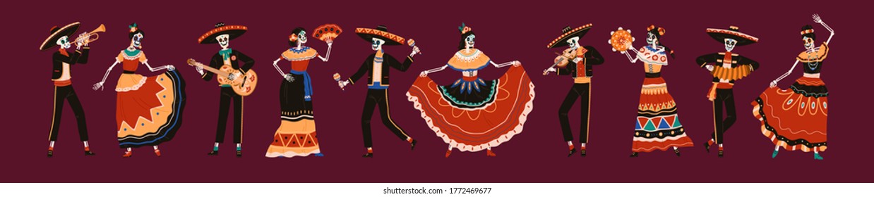 El día de los esqueletos muertos define la ilustración vectorial. Personajes de esqueleto en vestimenta mexicana tradicional bailando y tocando instrumentos musicales aislados. Festival de halloween Dia De Los Muertos