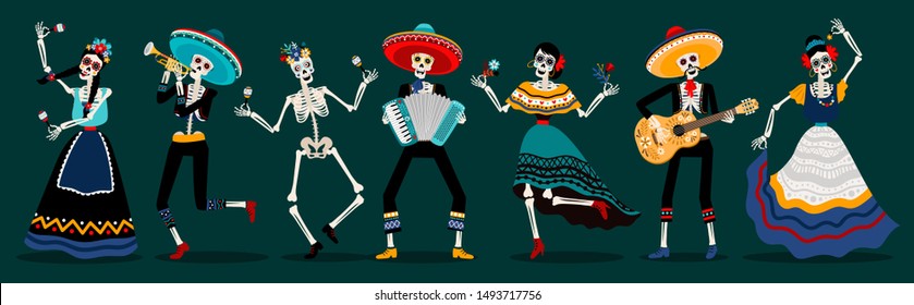 Day of the dead skeletons party. White sugar skull skeleton characters, dancing and music playing dead mexican ancestors vector illustration