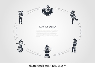 Day of dead - skeletons of dead people in costumes dancing and playing musical instruments vector concept set. Hand drawn sketch isolated illustration