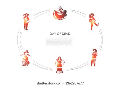 Day of dead - skeletons of dead people in costumes dancing and playing musical instruments vector concept set. Hand drawn sketch isolated illustration