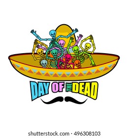 Day of the Dead skeletons and sombrero. Multi-colored skull in Mexican hat. Emblem for National Holiday in Mexico. Illustration Ethnic feast

