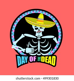 Day of the Dead skeletons and sombrero. Multi-colored skull in Mexican hat. Emblem for National Holiday in Mexico. Illustration Ethnic feast

