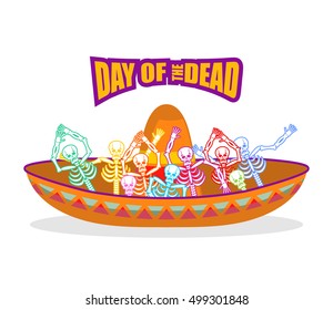 Day of the Dead skeletons and sombrero. Multi-colored skull in Mexican hat. Emblem for National Holiday in Mexico. Illustration Ethnic feast

