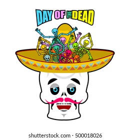 Day of the Dead skeletons and sombrero. Multi-colored skull in Mexican hat. Emblem for National Holiday in Mexico. Illustration Ethnic feast

