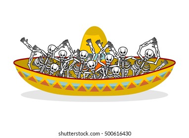 Day of the Dead skeletons and sombrero. Multi-colored skull in Mexican hat. Emblem for National Holiday in Mexico. Illustration Ethnic feast

