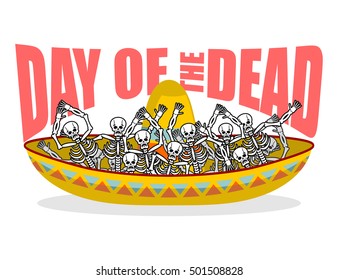 Day of the Dead skeletons and sombrero. Multi-colored skull in Mexican hat. Emblem for National Holiday in Mexico. Illustration Ethnic feast

