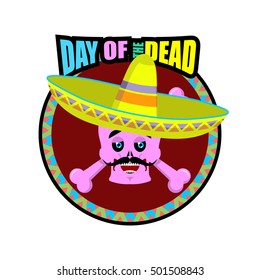 Day of the Dead skeletons and sombrero. Multi-colored skull in Mexican hat. Emblem for National Holiday in Mexico. Illustration Ethnic feast

