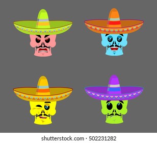 Day of the Dead skeletons and sombrero. Multi-colored skull in Mexican hat. Emblem for National Holiday in Mexico. Illustration Ethnic feast

