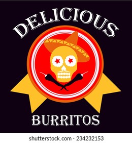 Day of the Dead skull accompanied by some jalapeno pepper on a stamp for a poster illustracion Mexican food on background of red and black