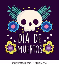 Day of the dead, skull with branches and flower ornament decoration.  Traditional mexican celebration, vector illustration