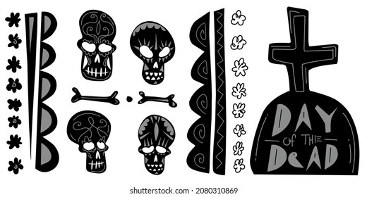 day of the dead skull elements isolated vector illustration