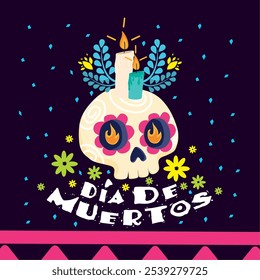 Calavera del día de los muertos con acentos florales y velas, que representan la celebración, la Ilustración vectorial