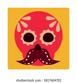 day of the dead, skull with floral decoration and mustache, mexican celebration icon block and flat vector illustration