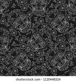 Day of The Dead Skull with floral ornament. Seamless pattern. Mexican sugar skull. Vector illustration
