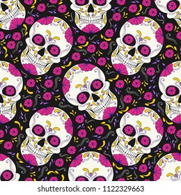 Day of The Dead Skull with floral ornament. Seamless pattern. Mexican sugar skull. Vector illustration
