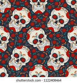 Day of The Dead Skull with floral ornament. Seamless pattern. Mexican sugar skull. Vector illustration
