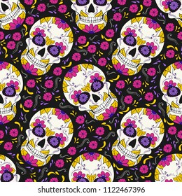 Day Of The Dead Skull With Floral Ornament. Seamless Pattern. Mexican Sugar Skull. Vector Illustration
