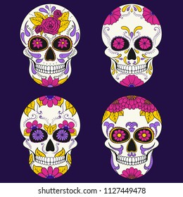 Day of The Dead Skull with floral ornament. Mexican sugar skull set. Vector illustration
