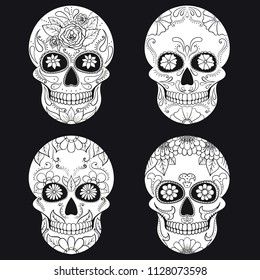 Day of The Dead Skull with floral ornament. Mexican sugar skull set. Vector illustration
