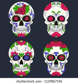Day of The Dead Skull with floral ornament. Mexican sugar skull set. Vector illustration
