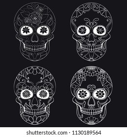 Day of The Dead Skull with floral ornament. Mexican sugar skull set. Vector illustration
