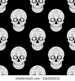 Day of The Dead Skull with floral ornament. Seamless pattern. Mexican sugar skull. Vector illustration
