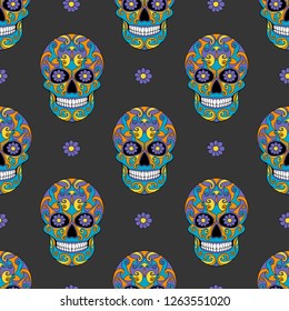 Day of The Dead Skull with floral ornament. Seamless pattern. Mexican sugar skull. Vector illustration
