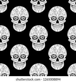 Day of The Dead Skull with floral ornament. Seamless pattern. Mexican sugar skull. Vector illustration
