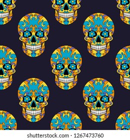 Day of The Dead Skull with floral ornament. Seamless pattern. Mexican sugar skull. Vector illustration
