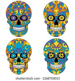 Day of The Dead Skull with floral ornament. Mexican sugar skull set. Vector illustration
