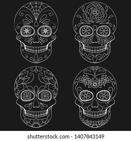 Day of The Dead Skull with floral ornament. Mexican sugar skull set. Vector illustration
