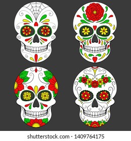 Day of The Dead Skull with floral ornament. Mexican sugar skull set. Vector illustration
