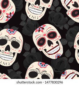 Day of the Dead skull with floral ornament and black roses seamless pattern on black background. Dia De Los Muertos celebration pattern background. vector illustration