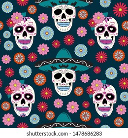 Day of the Dead skull with floral ornament and flower seamless pattern on green background. Dia De Los Muertos celebration pattern background. vector illustration