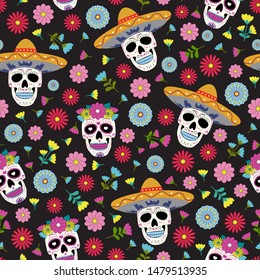 Day of the Dead skull with floral ornament and flower seamless pattern on black background. Dia De Los Muertos celebration pattern background. vector illustration