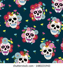 Day of the Dead skull with floral ornament and flower seamless pattern on green background. Dia De Los Muertos celebration pattern background. vector illustration