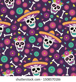 Day of the Dead skull with floral ornament and flower seamless pattern on purple background. Dia De Los Muertos celebration pattern background. Halloween vector illustration
