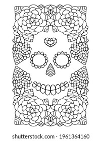 Day of the Dead skull in flower frame coloring page for adults and children stock vector illustration. Traditional Mexican el Dia de Muertos festival skull black linear white isolated