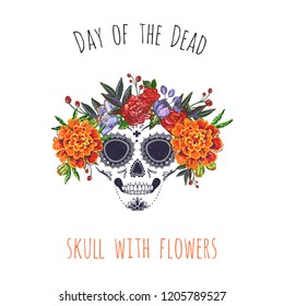 Day of the Dead: skull with flowers element for decoration traditional mexican holiday. Hand drawn illustration in watercolor style on black background. 