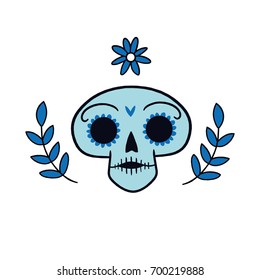 Day of the dead skull with flowers and leaves. Simple design vector illustration.