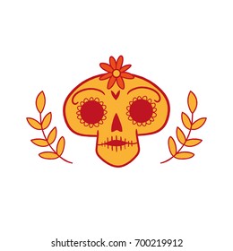 Day of the dead skull with flowers and leaves.