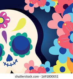 day of the dead. skull with flowers religious tradition mexican celebration vector illustration