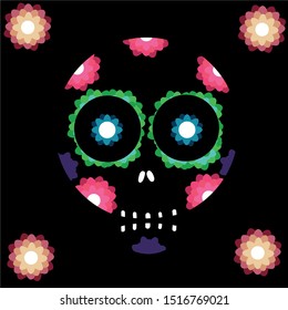 Day of the dead Skull with flowers. Simple and colorful illustration. Flat, isolated, vector design. Mexico´s traditional Celebration. 1st of November representative template.