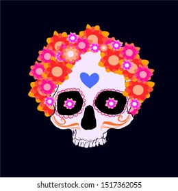Day of the dead Skull with flowers. Simple and colorful illustration. Flat, isolated, vector design. Mexico´s traditional Celebration. 1st of November representative template.