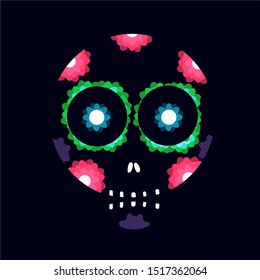 Day of the dead Skull with flowers. Simple and colorful illustration. Flat, isolated, vector design. Mexico´s traditional Celebration. 1st of November representative template.