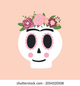 Day dead skull Frida Kahlo. Dia de los muertos skull. Symbol of day dead isolated vector illustration. Cute skull graphic element. Pink spooky logo. Spanish, mexican tradition. Woman skull mexican.