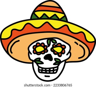 Day of the dead skull with hat clipart vector