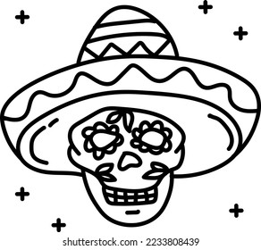 Day of the dead skull with hat hand drawn icon vector